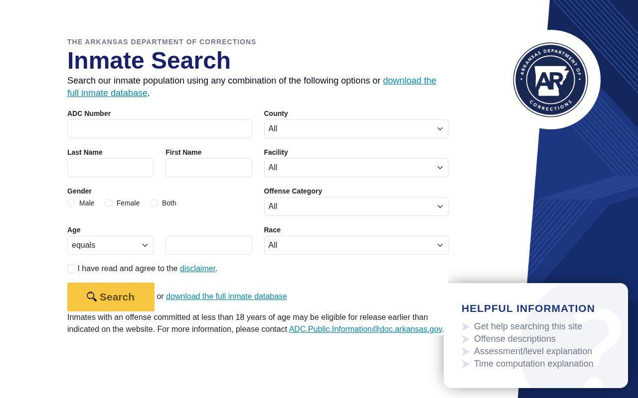 Arkansas Department of Corrections inmate search page