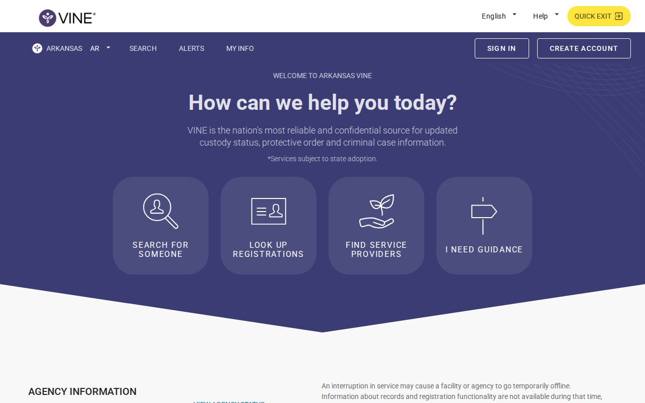 Arkansas VINELink state search screen for custody records and alerts